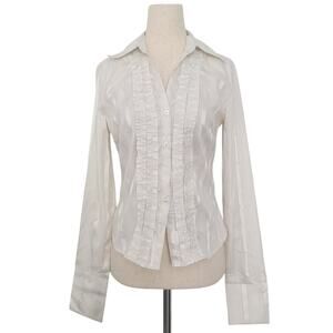Y2k Metallic Pinstripe Ruffle Button Up Shirt Size M White Preppy Office Siren